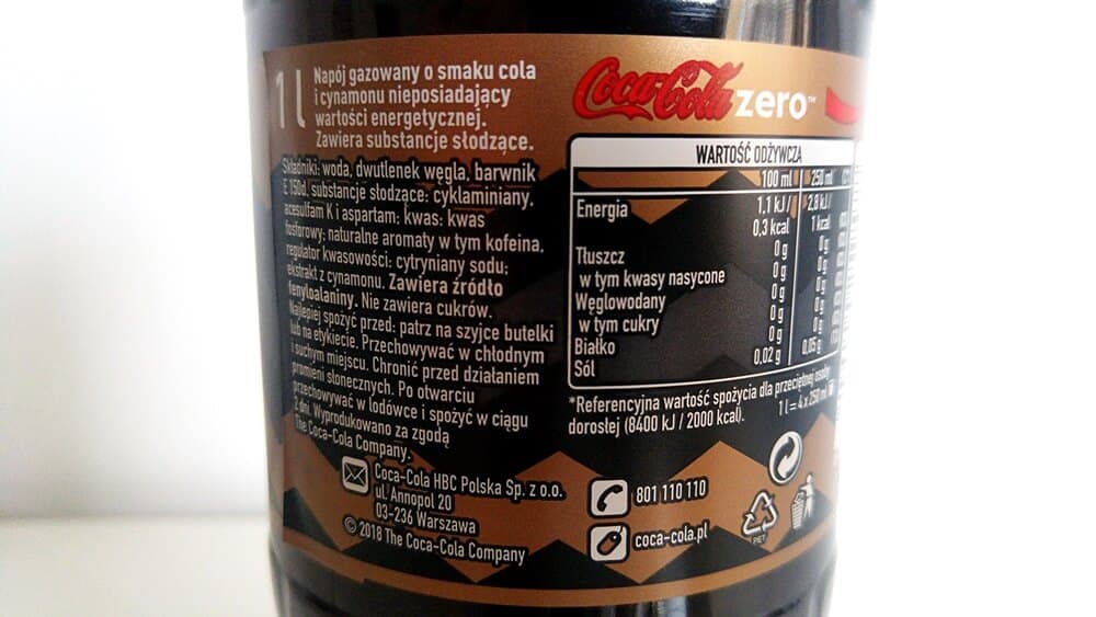 Coca Cola Zero 500 ml smak cynamonowy - skład i tabela wartości odżywczych