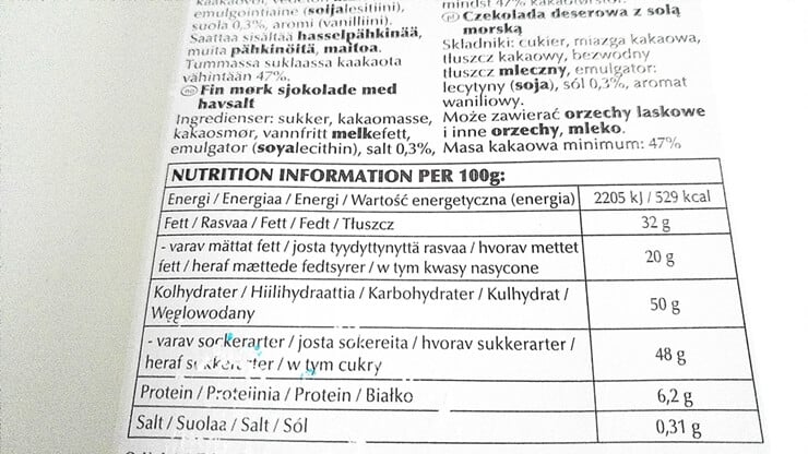 Czekolada Lindt Excellence Sea Salt (z solą morską) - tabela wartości odżywczych