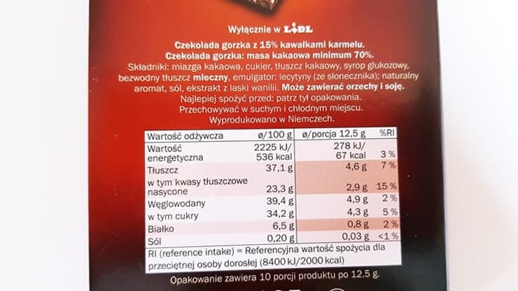 Czekolada EKWADOR 70% (z chrupiącymi kawałkami karmelu) - skład i tabela wartości odżywczych