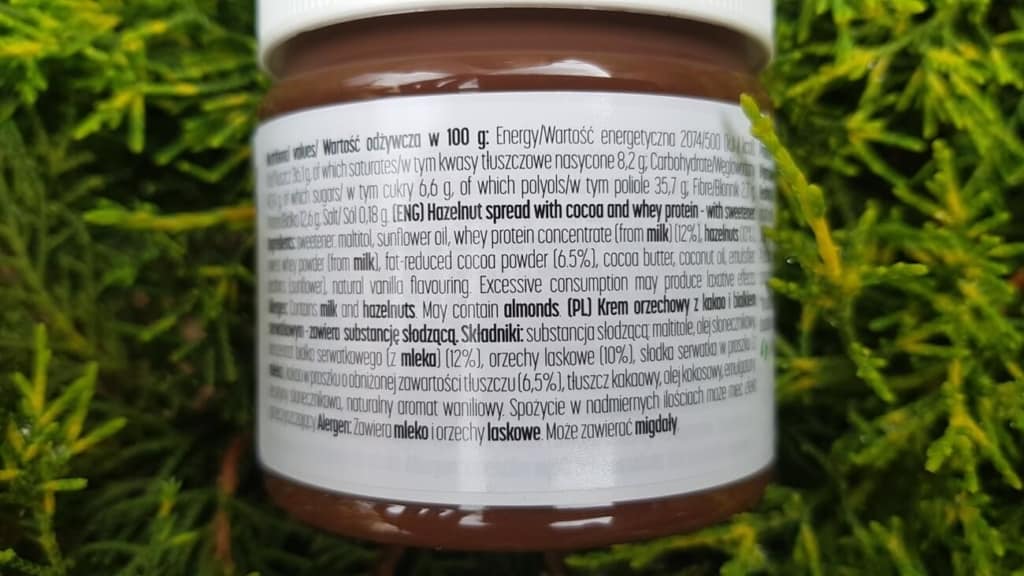 Proteinella HealthyCo - krem czekoladowy z orzechami laskowymi bez cukru - skład i tabela wartości odżywczych