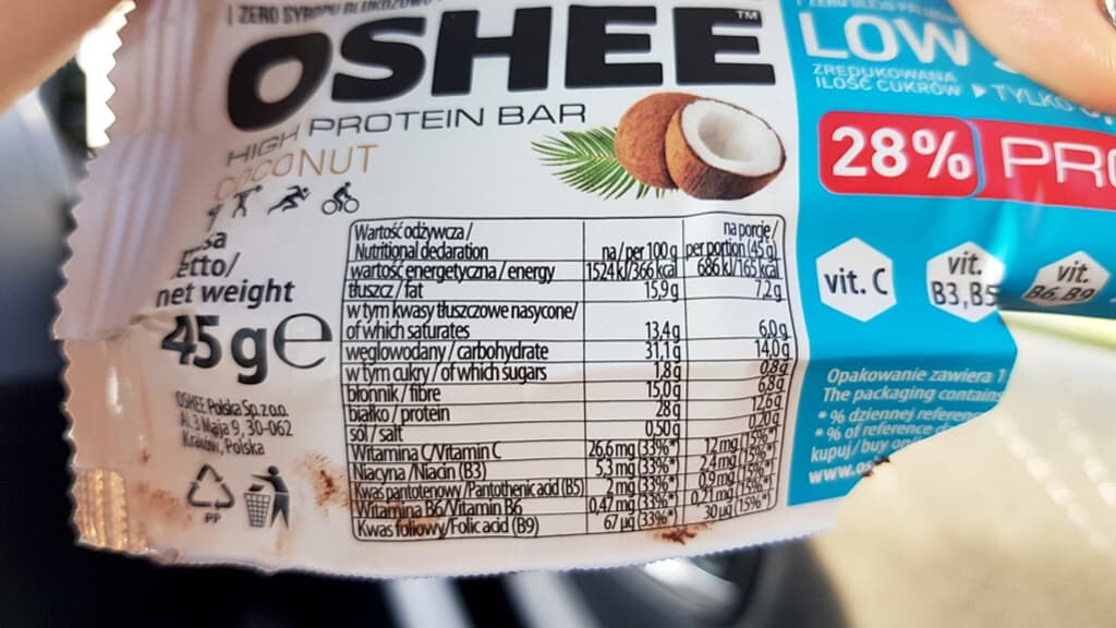 Baton proteinowy OSHEE (kokosowy) - tabela wartości odżywczych