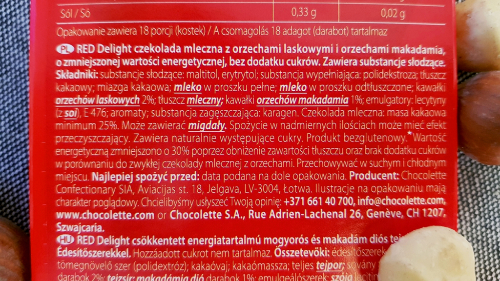 Czekolada RED mleczna (orzechy laskowe i makadamia) - skład
