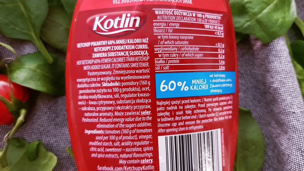 Ketchup Kotlin 60% kalorii mniej - skład i tabela wartości odżywczych